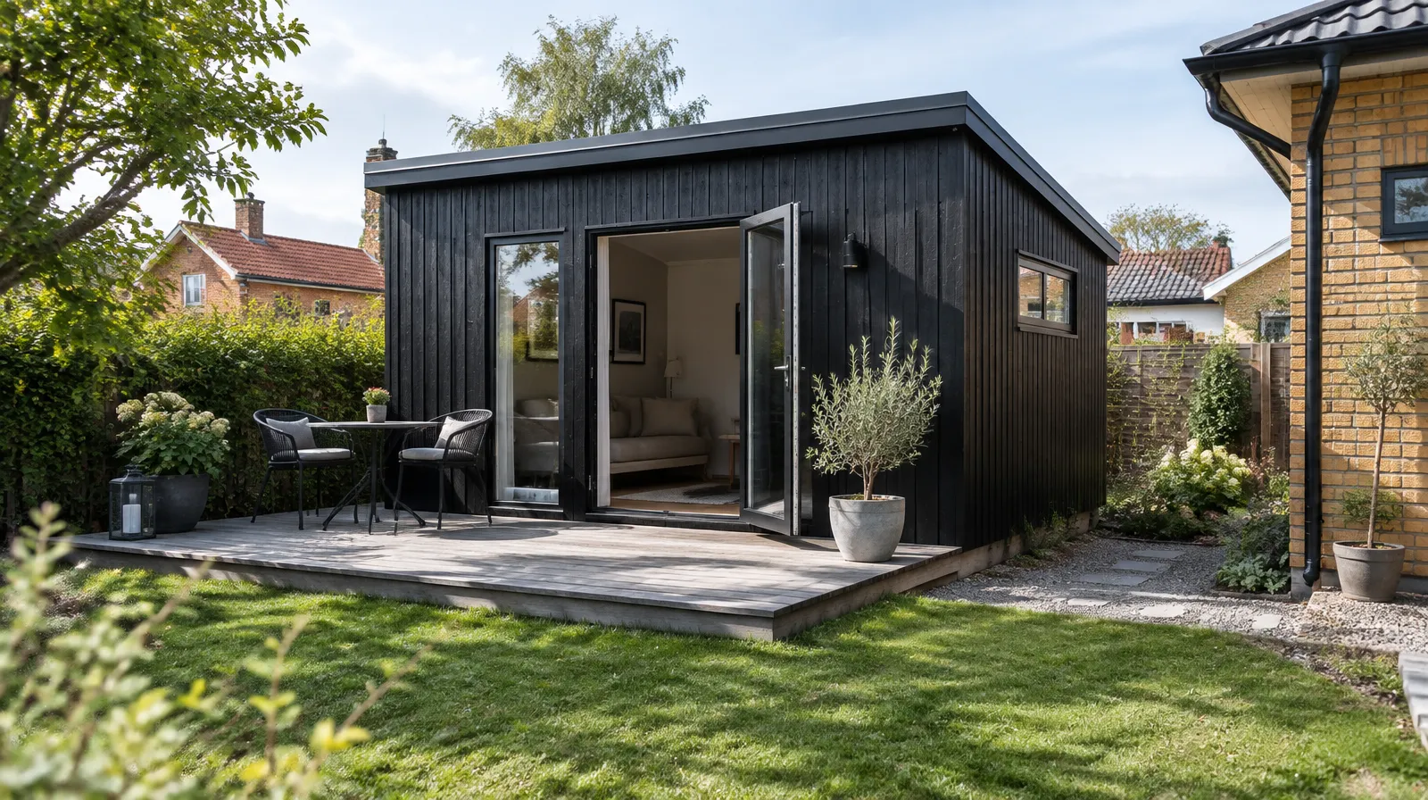 Litet modernt svart attefallshus i trä i trädgården till en villa i Malmö, med trädäck och gräsmatta