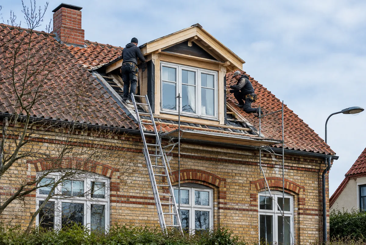 Hantverkare arbetar på en takkupa på en äldre villa i Lund, sedd från gatan