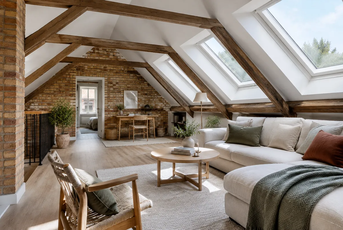 Renoverat ljust vindsrum i en äldre villa med synliga bjälkar och takfönster