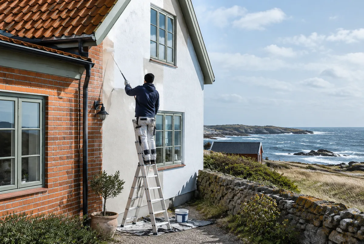 Fasad på ett kusthus i Skåne som målas om med havet i bakgrunden