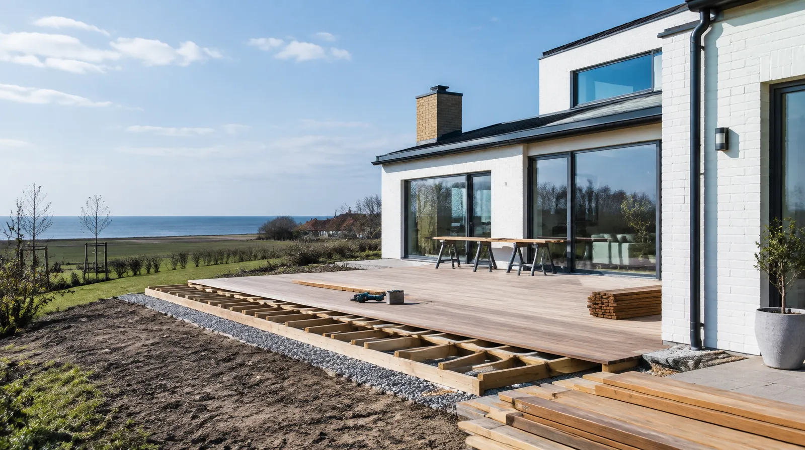 Modern vit villa nära kusten i Vellinge med en ny altan under byggnation, platt landskap och havet i bakgrunden