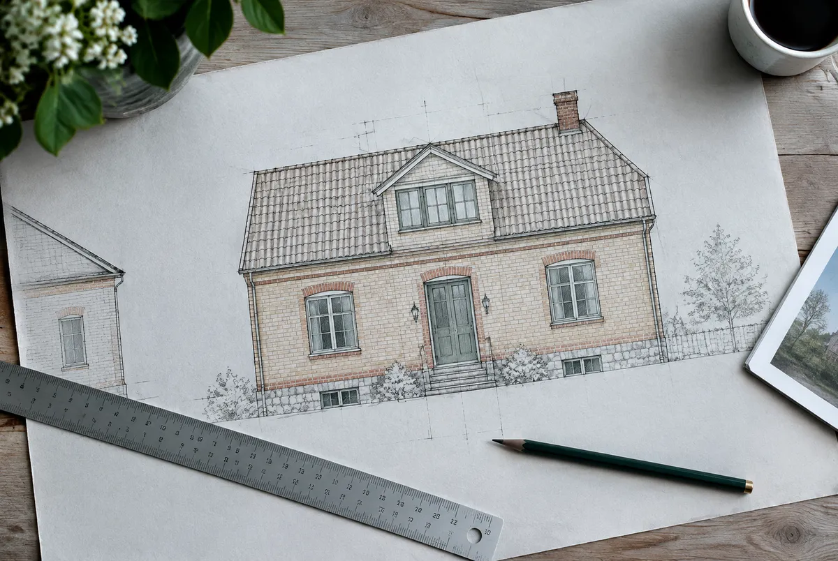 Arkitektritning av en villa med planerad takkupa, penna och linjal