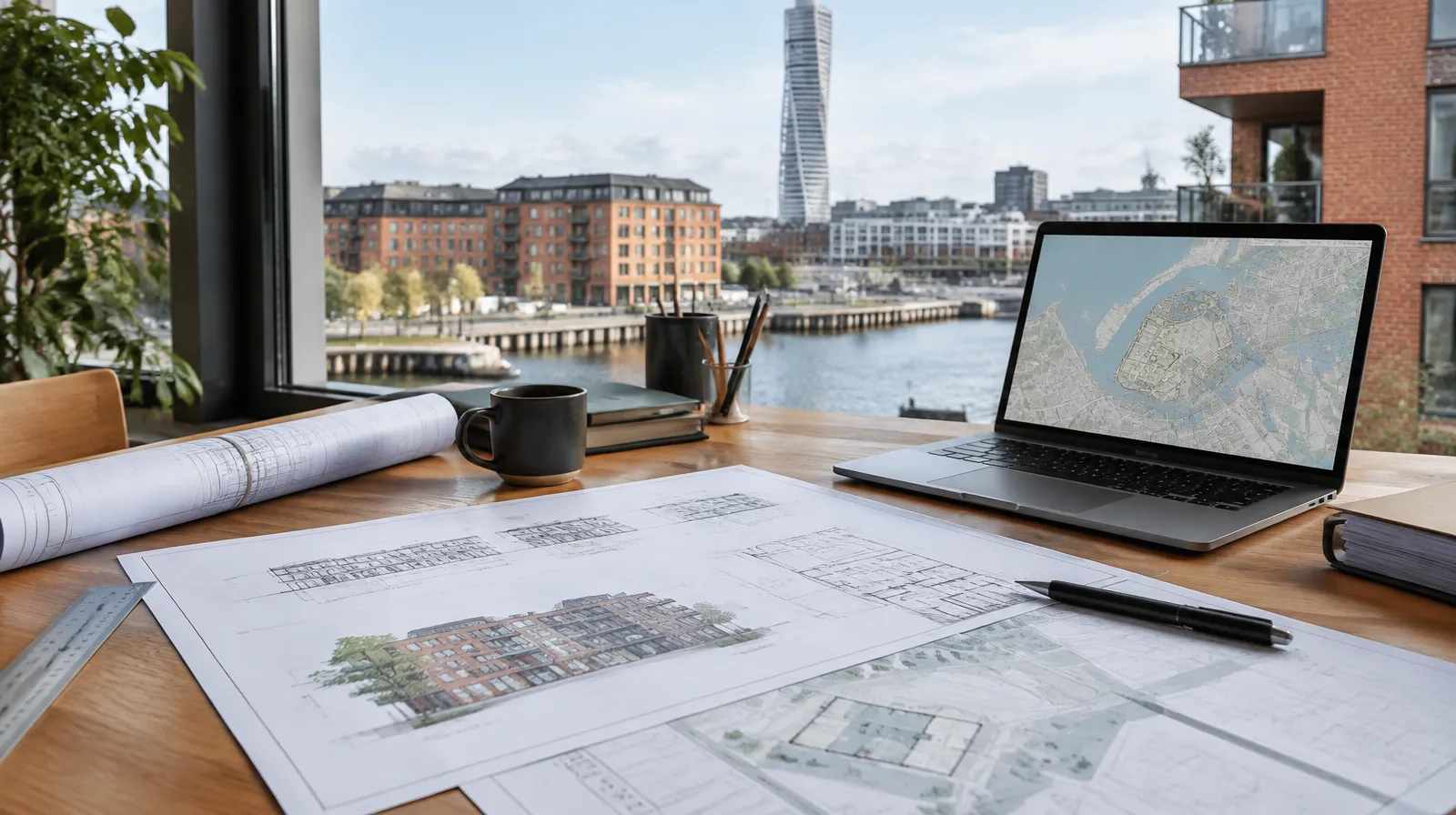 Arkitektritningar och en bygglovsansökan på ett skrivbord bredvid en laptop med en karta över Malmö