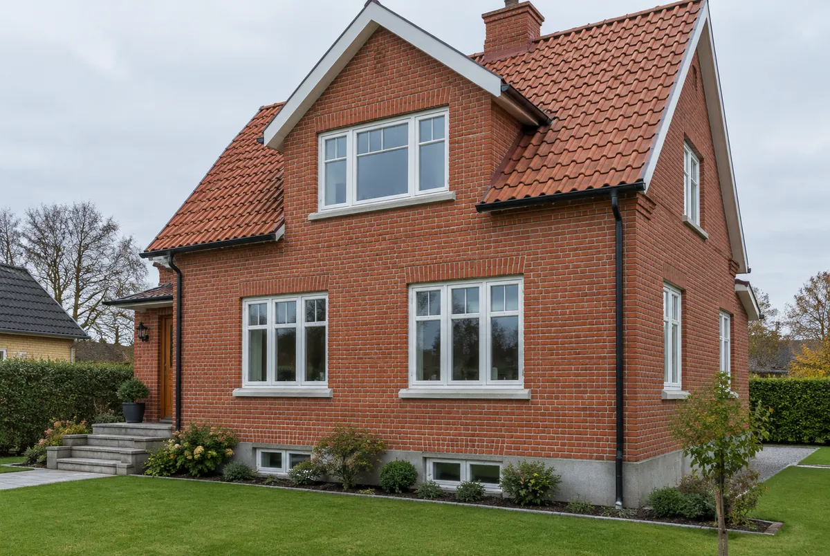 Röd tegelvilla i Skåne med nya vita spröjsade fönster och utvändiga fönsterbänkar i ljus sten