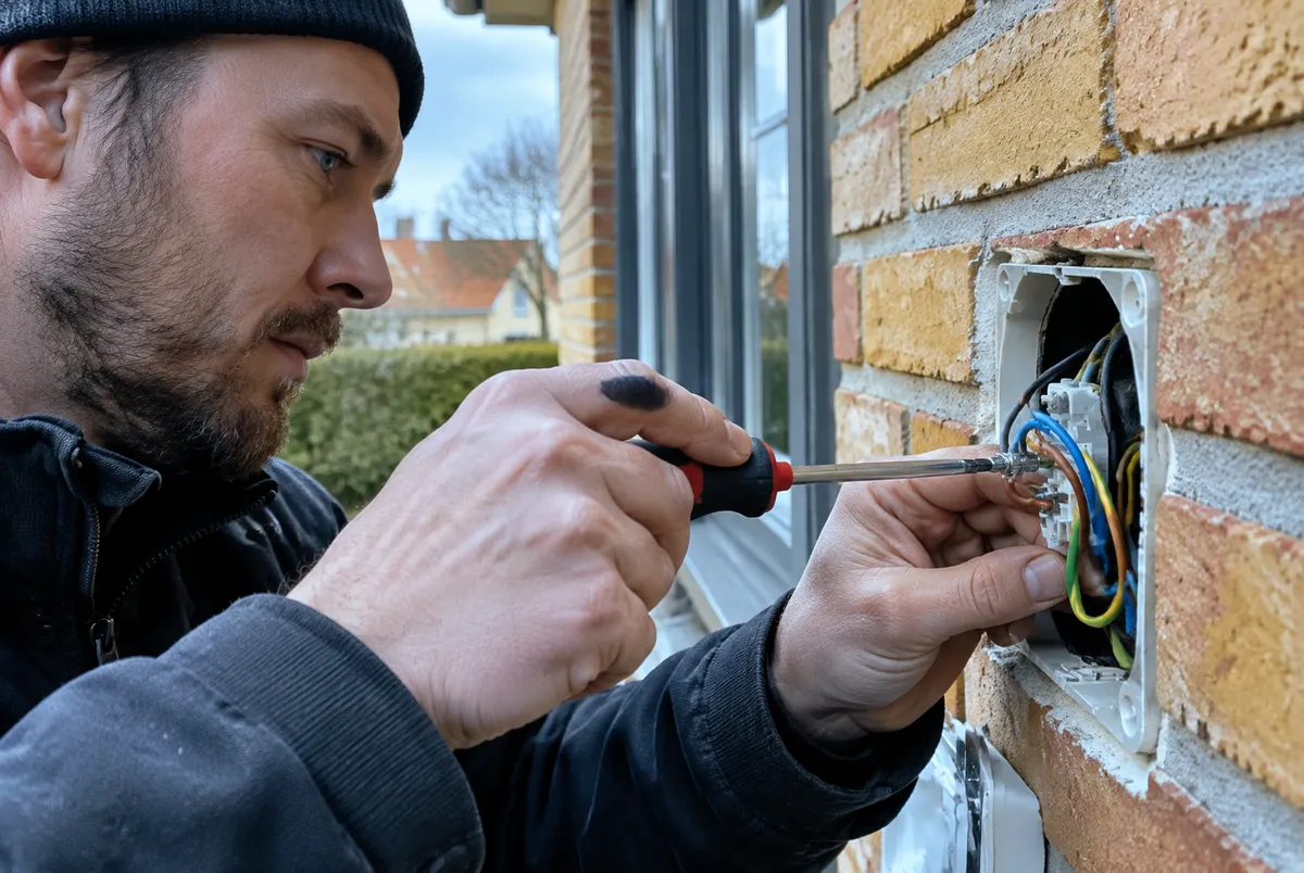 Elektriker som kopplar kablar i en vägguttagsdosa med en skruvmejsel