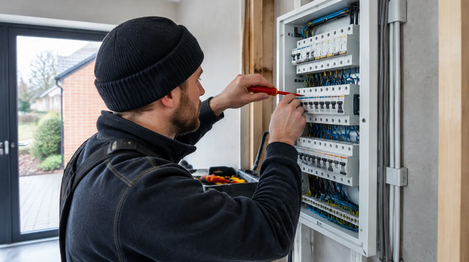 Elektriker som installerar en ny elcentral i ett hus, med verktyg och tydligt märkta kretsar