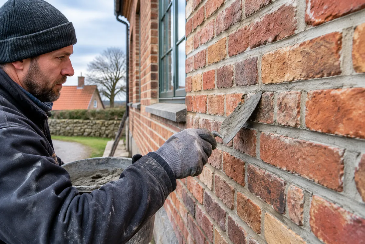Hantverkare fogar om en tegelfasad med murslev