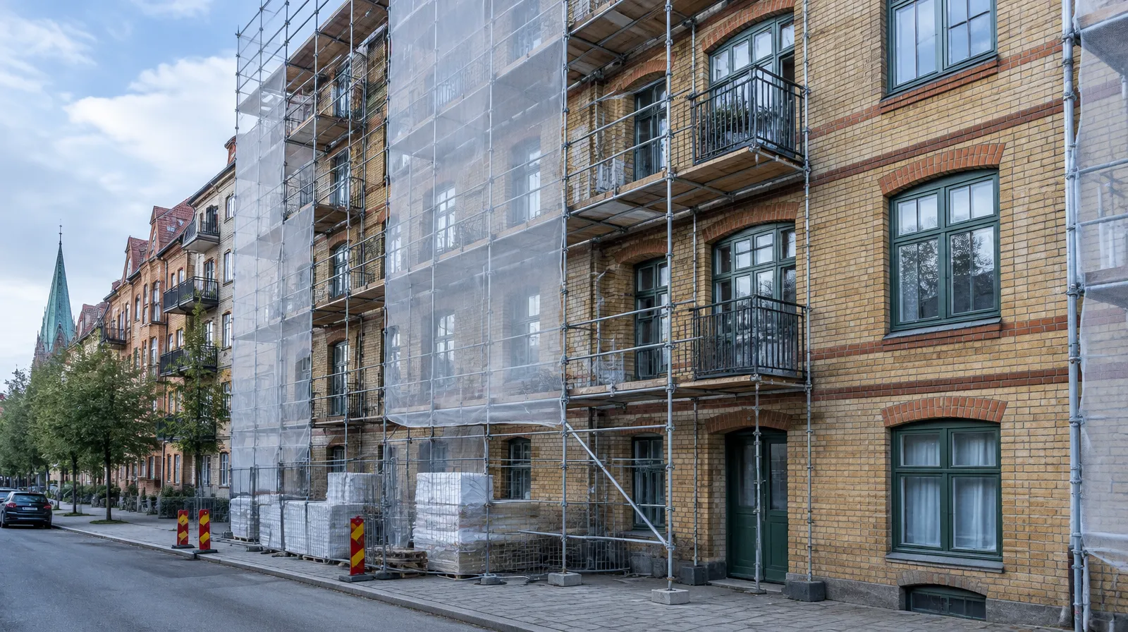 Äldre gult tegelhus i Malmö med byggnadsställning och nät under pågående fasadrenovering