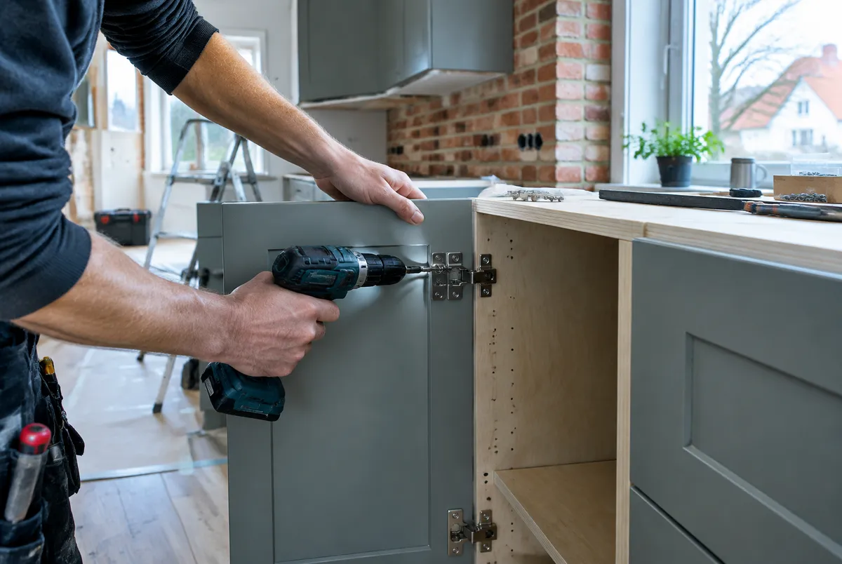 Snickare monterar köksluckor med borrmaskin och gångjärn i ett kök under renovering