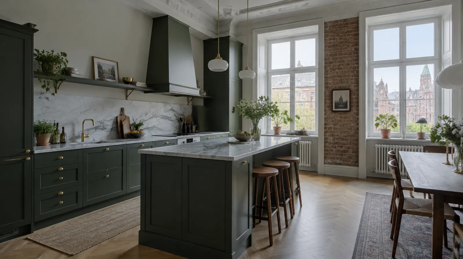 Renoverat kök i en malmölägenhet från sekelskiftet med höga tak, mörkgröna skåp, bänkskiva i marmorlook och höga fönster