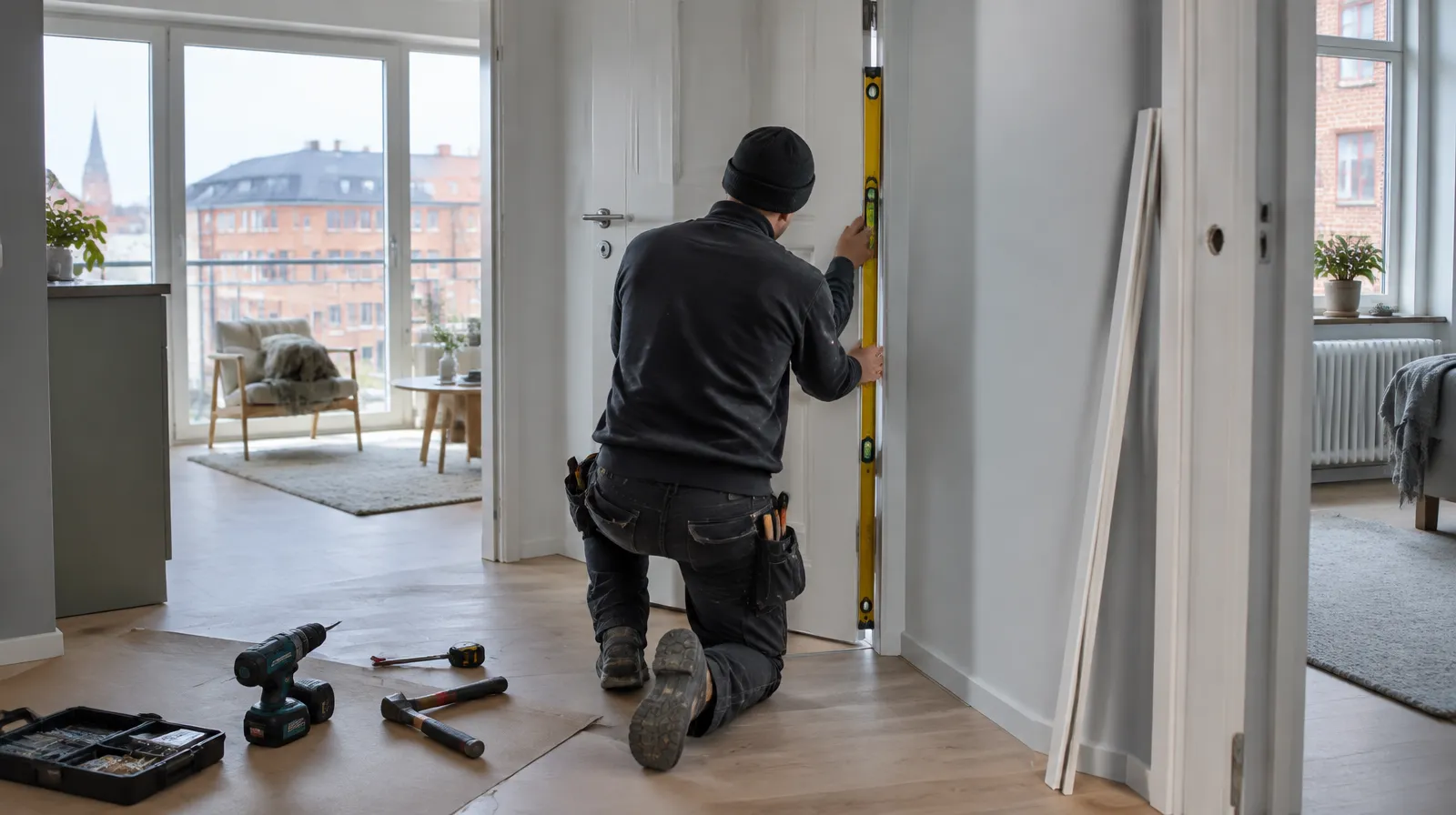 Snickare monterar en ny innerdörr i en lägenhet i Malmö, vattenpass och verktyg på golvet
