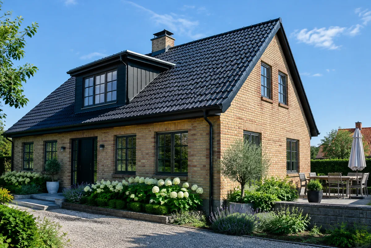Villa i gult tegel med nytt tak av svarta betongpannor