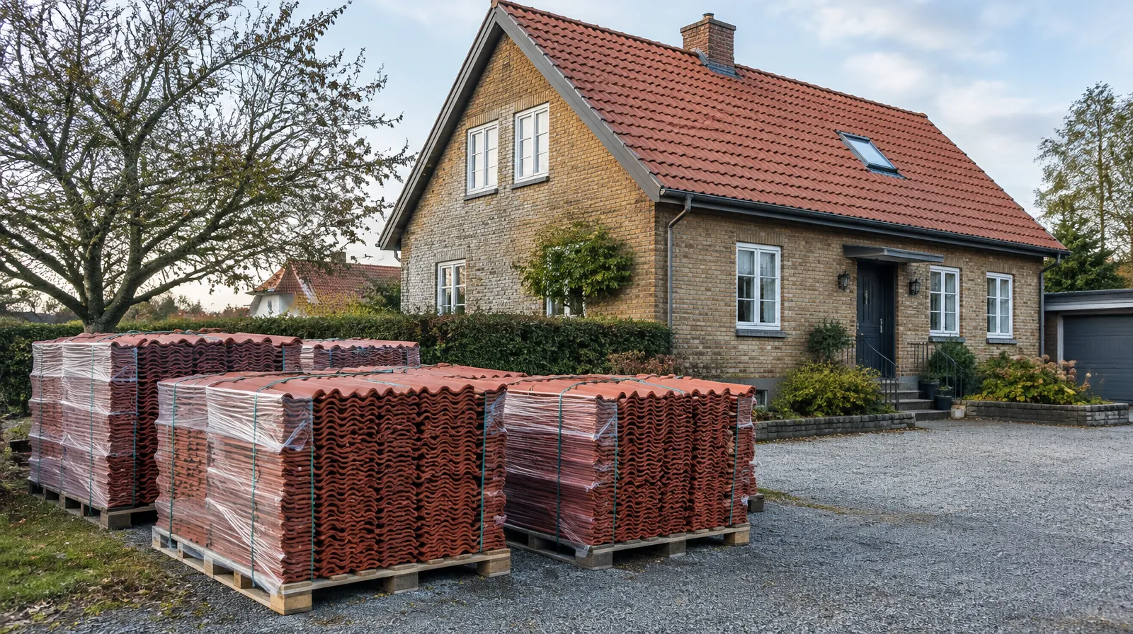 Pallar med nya röda betongtakpannor staplade bredvid en villa inför takbyte