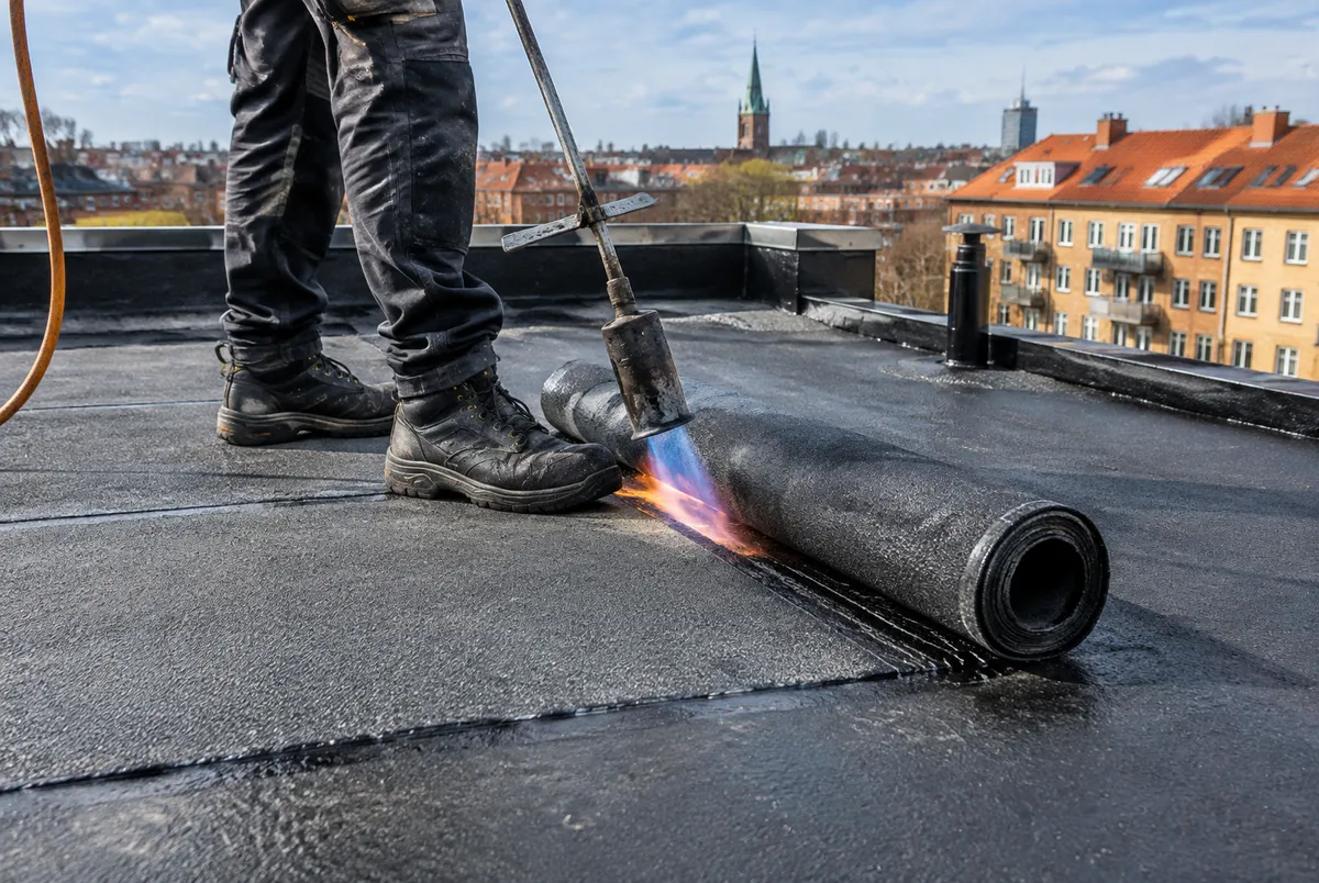 Takläggare värmer bitumenpapp på ett platt tak med gasolbrännare