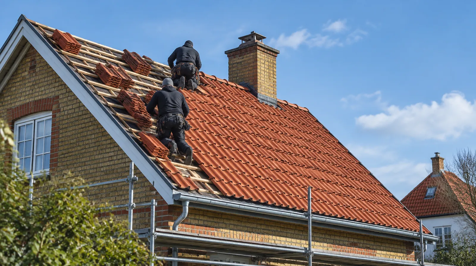 Takläggare lägger nya röda lertegelpannor på en villa i Skåne, sedda bakifrån mot blå himmel