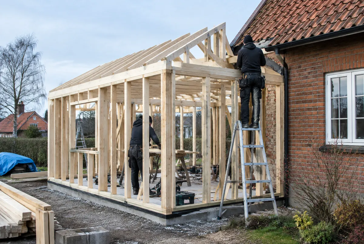 Stomme till en tillbyggnad vid ett tegelhus under byggnation