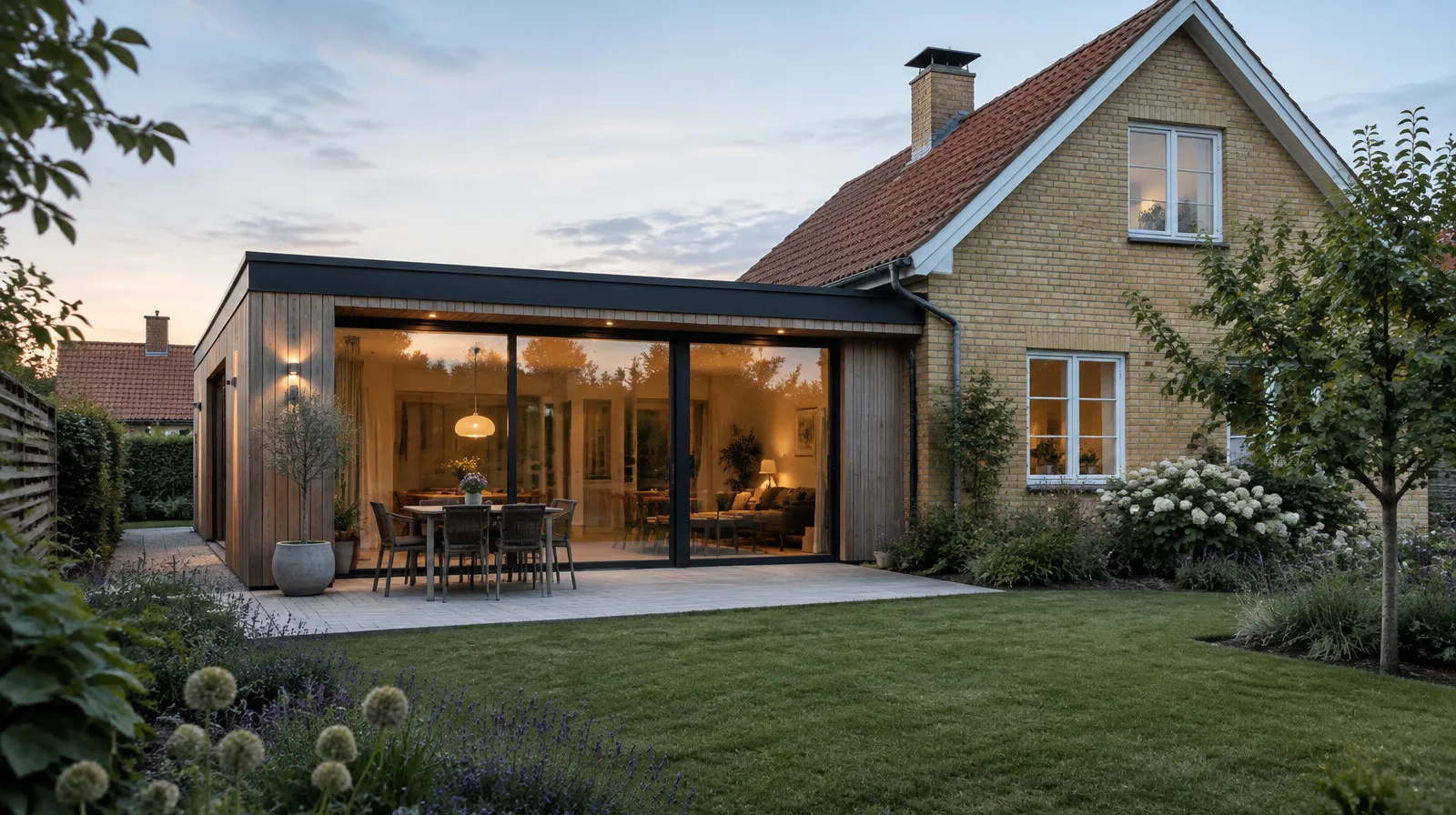 Modern tillbyggnad i trä med stora glasdörrar vid en gul tegelvilla i Skåne i kvällsljus