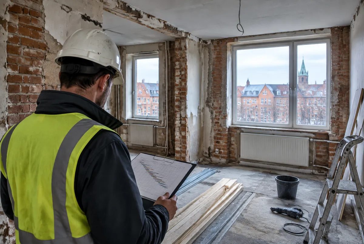 Byggprojektledare går igenom en tidsplan på ett block i en avskalad lägenhet