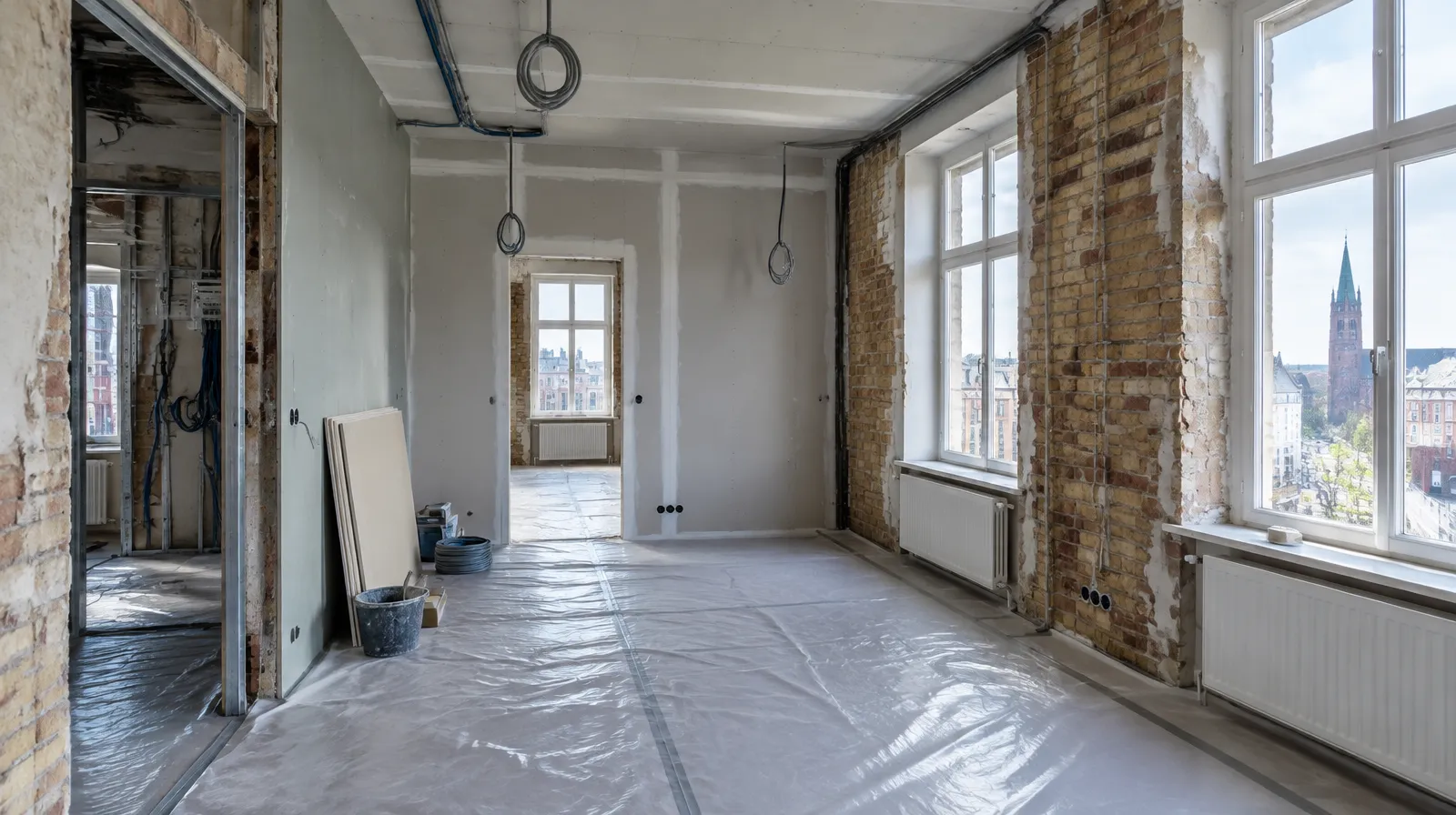 Lägenhet i Malmö under totalrenovering med avskalade väggar, nya gipsskivor och plastat golv