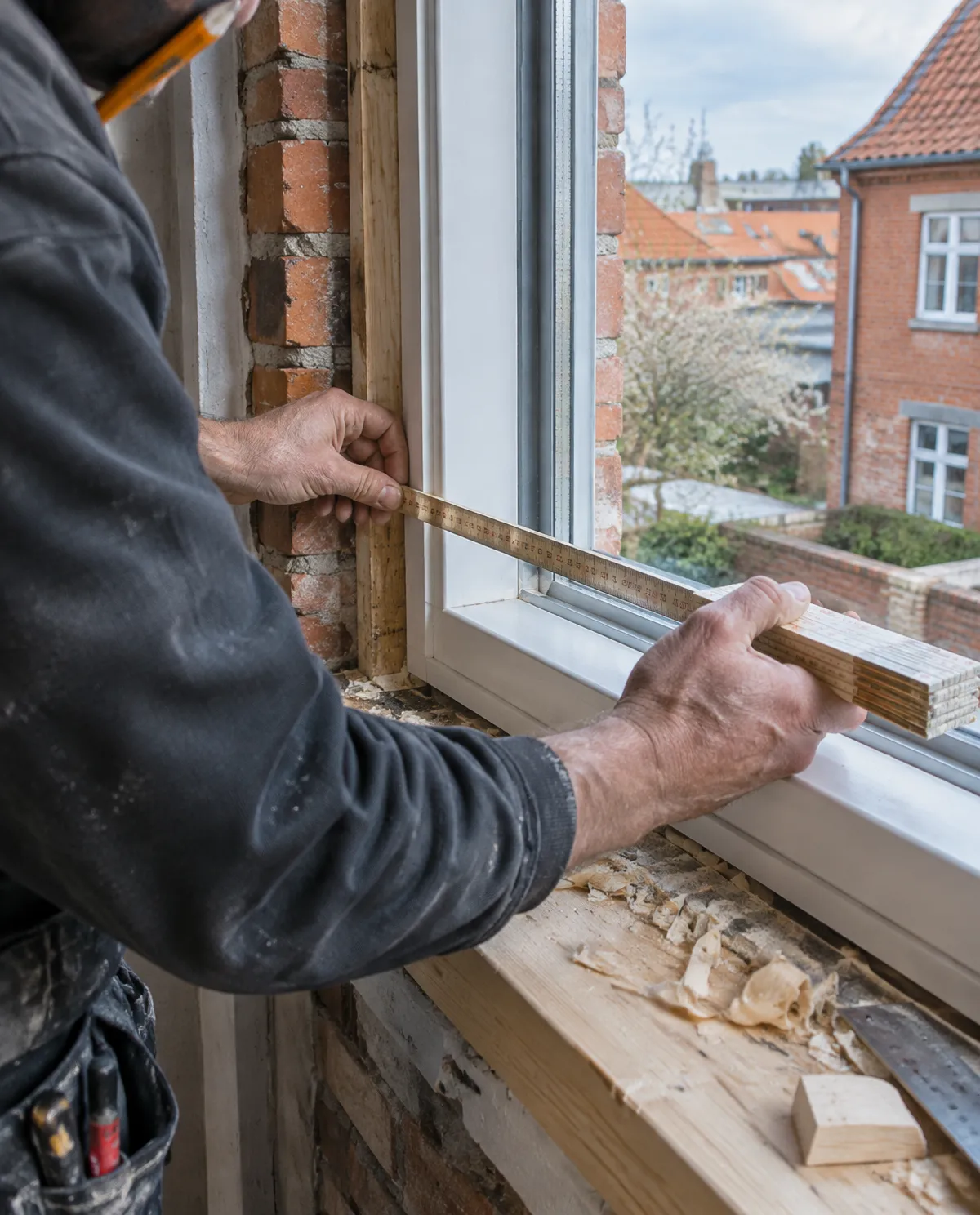 Snickare mäter en ny fönsterkarm med tumstock